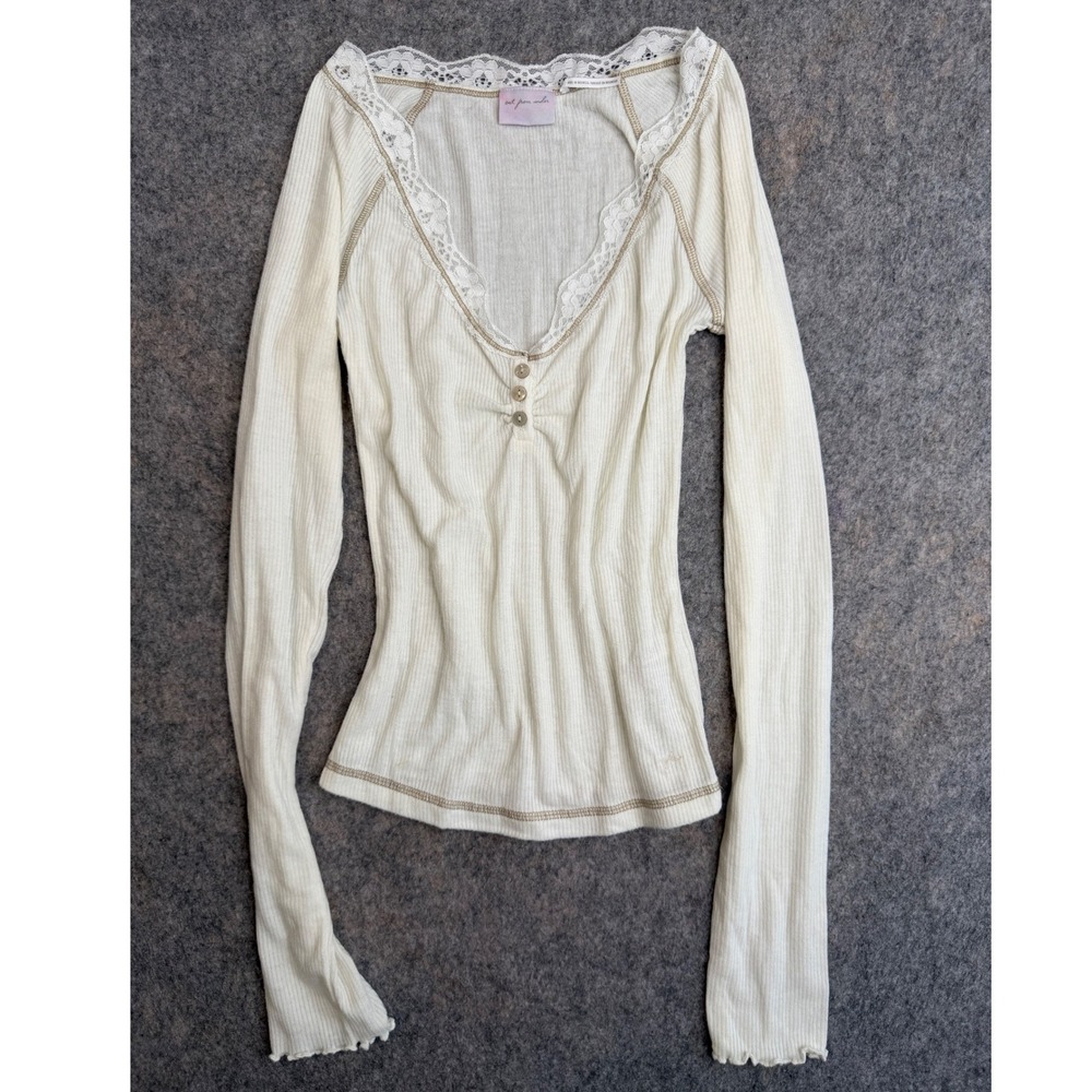 Lace Trim Henley Top Womens S Cream Long Sleeve Coquette Soft Girl Y2K Elena
